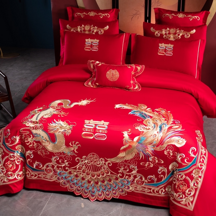 91家纺网 家纺一手货源 找家纺 慕她家纺 2026年磨毛亲肤棉婚庆四件套大红色刺绣结床上用品 金龙玉凤