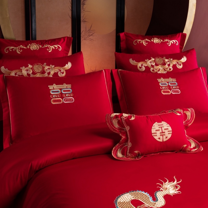91家纺网 家纺一手货源 找家纺 慕她家纺 2026年磨毛亲肤棉婚庆四件套大红色刺绣结床上用品 金龙玉凤