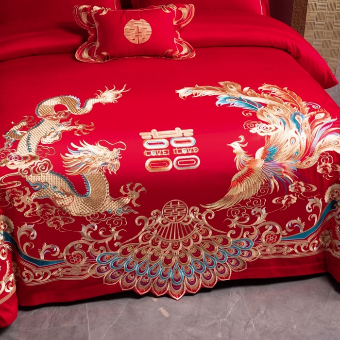 91家纺网 家纺一手货源 找家纺 慕她家纺 2026年磨毛亲肤棉婚庆四件套大红色刺绣结床上用品 金龙玉凤