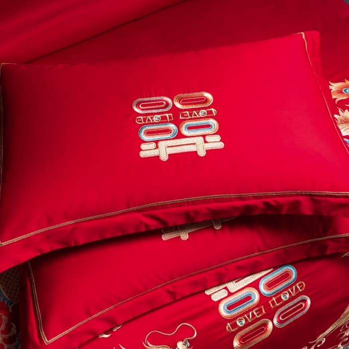 91家纺网 家纺一手货源 找家纺 慕她家纺 2026年磨毛亲肤棉婚庆四件套大红色刺绣结床上用品 金龙玉凤