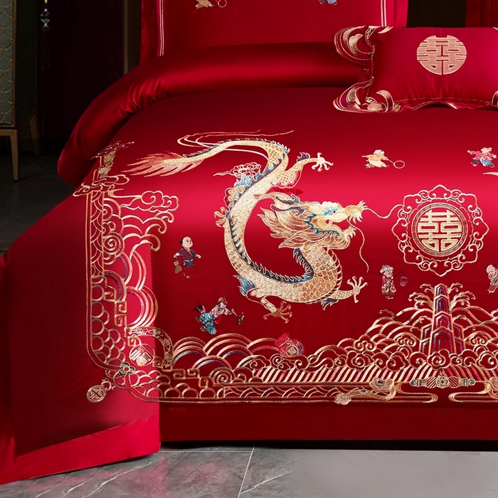 91家纺网 家纺一手货源 找家纺 慕她家纺 2026年磨毛亲肤棉婚庆四件套大红色刺绣结床上用品 凤生百子