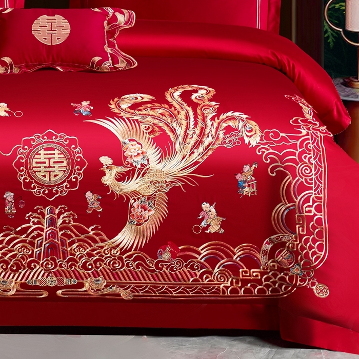 91家纺网 家纺一手货源 找家纺 慕她家纺 2026年磨毛亲肤棉婚庆四件套大红色刺绣结床上用品 凤生百子