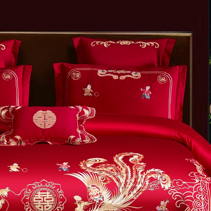 91家纺网 家纺一手货源 找家纺 慕她家纺 2026年磨毛亲肤棉婚庆四件套大红色刺绣结床上用品 凤生百子