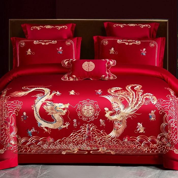 91家纺网 家纺一手货源 找家纺 慕她家纺 2026年磨毛亲肤棉婚庆四件套大红色刺绣结床上用品 凤生百子