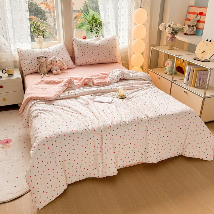 91家纺网 家纺一手货源 找家纺 丽美人家纺 2026春夏新款简单款皱皱纱夏被夏凉被空调被 彩色波点