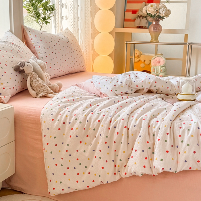 91家纺网 家纺一手货源 找家纺 丽美人家纺 2026春夏新款简单款皱皱纱夏被夏凉被空调被 彩色波点