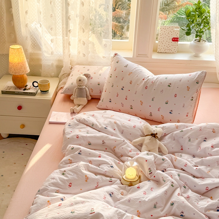 91家纺网 家纺一手货源 找家纺 丽美人家纺 2026春夏新款简单款皱皱纱夏被夏凉被空调被 桃心萌兔集