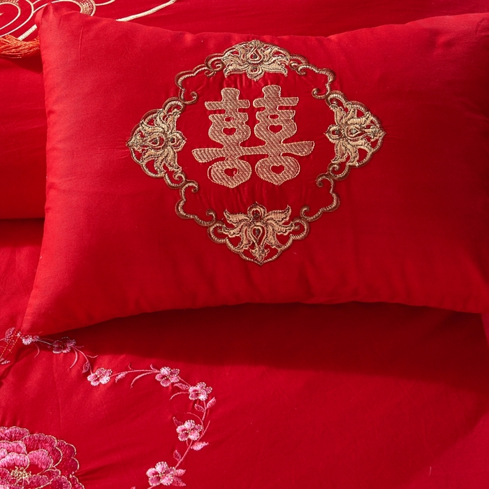91家纺网 家纺一手货源 找家纺 （总）慕她家纺 慕她畅销款全棉纯棉婚庆四件套大红色刺绣结婚床上用品