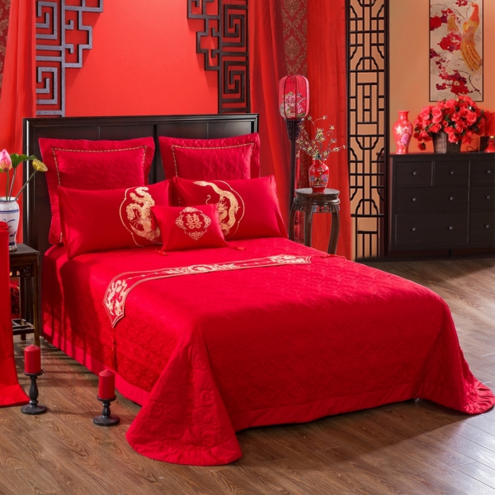 91家纺网 家纺一手货源 找家纺 （总）慕她家纺 慕她畅销款全棉纯棉婚庆四件套大红色刺绣结婚床上用品