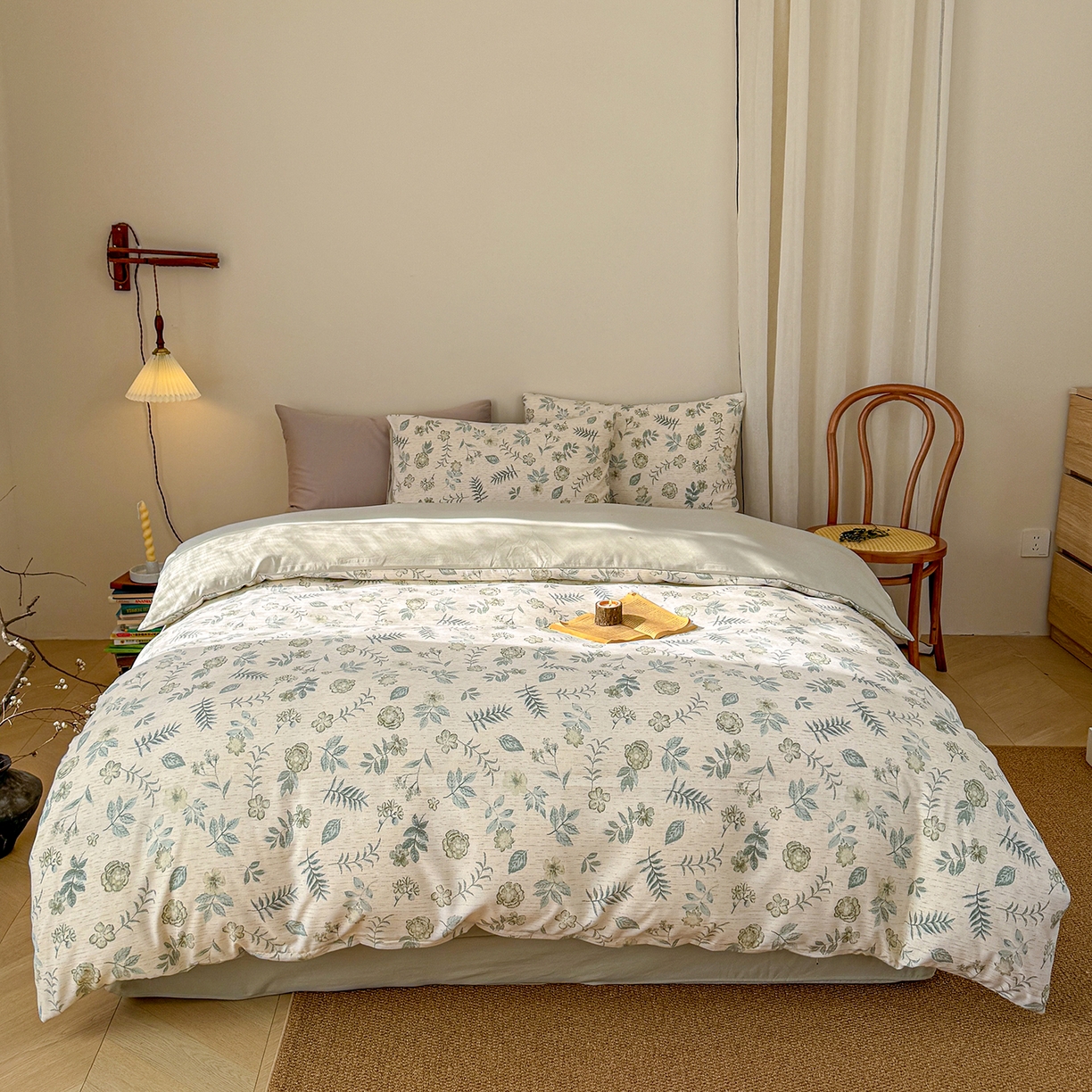 91家纺网 家纺一手货源 找家纺 铺尚美家纺 2026春夏新品色织棉麻棉纱小露麻系列皱皱纱四件套 踏春