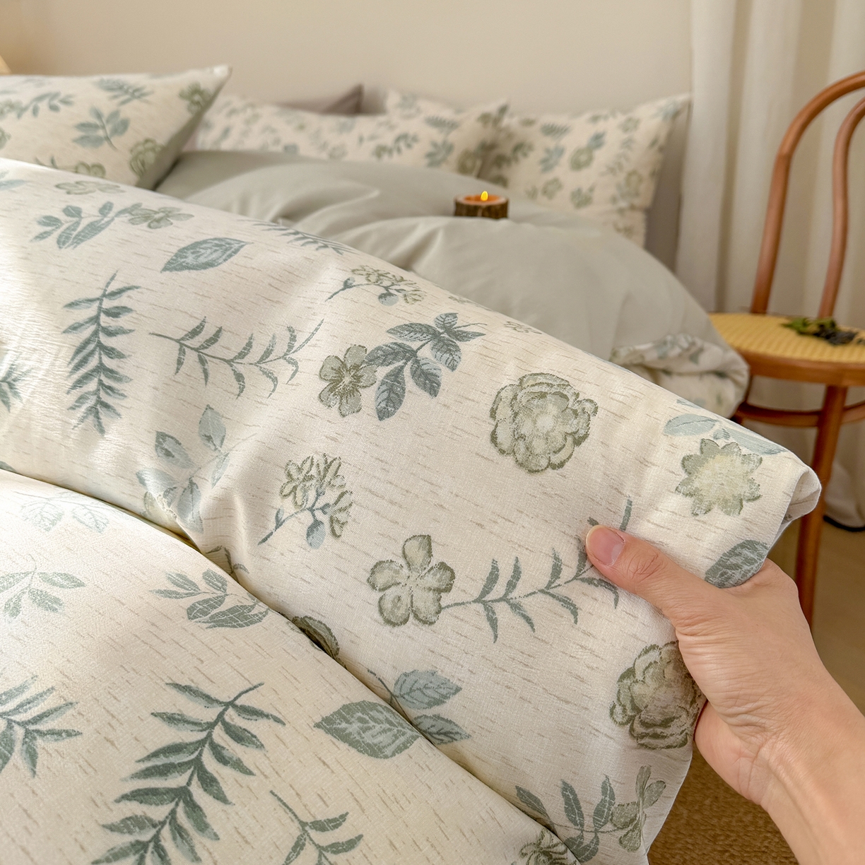 91家纺网 家纺一手货源 找家纺 铺尚美家纺 2026春夏新品色织棉麻棉纱小露麻系列皱皱纱四件套 踏春