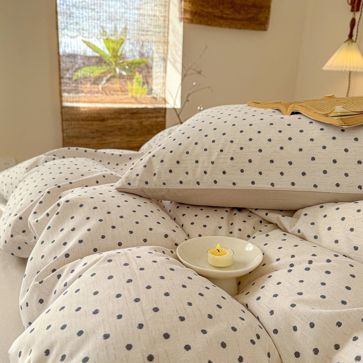 91家纺网 家纺一手货源 找家纺 铺尚美家纺 2026春夏新品色织棉麻棉纱小露麻系列皱皱纱四件套 清新波点