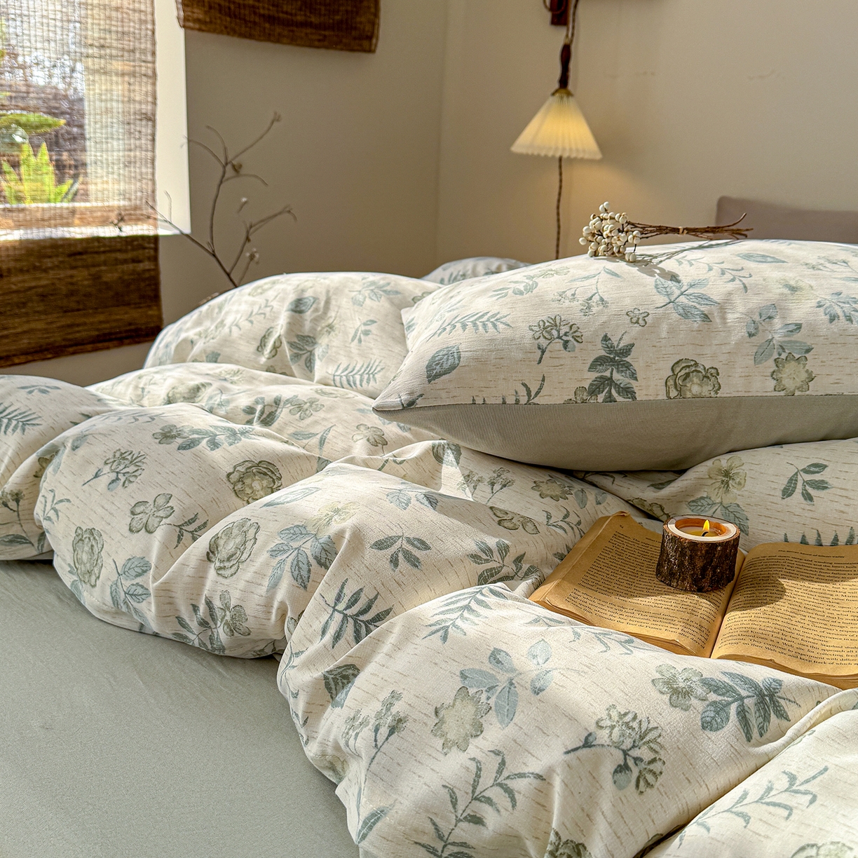 91家纺网 家纺一手货源 找家纺 铺尚美家纺 2026春夏新品色织棉麻棉纱小露麻系列皱皱纱四件套 踏春