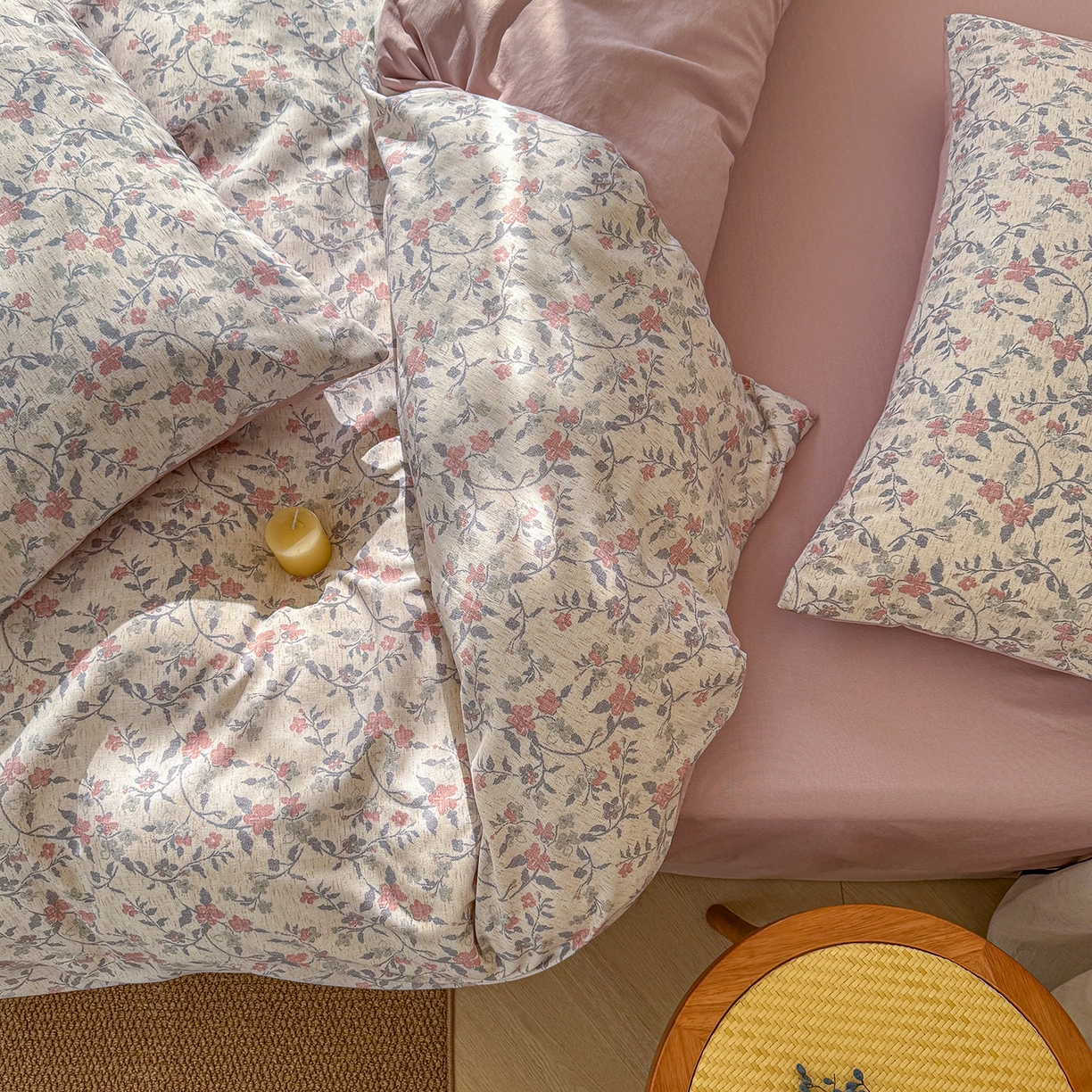 91家纺网 家纺一手货源 找家纺 （总）铺尚美家纺 2026春夏新品色织棉麻棉纱小露麻系列皱皱纱四件套