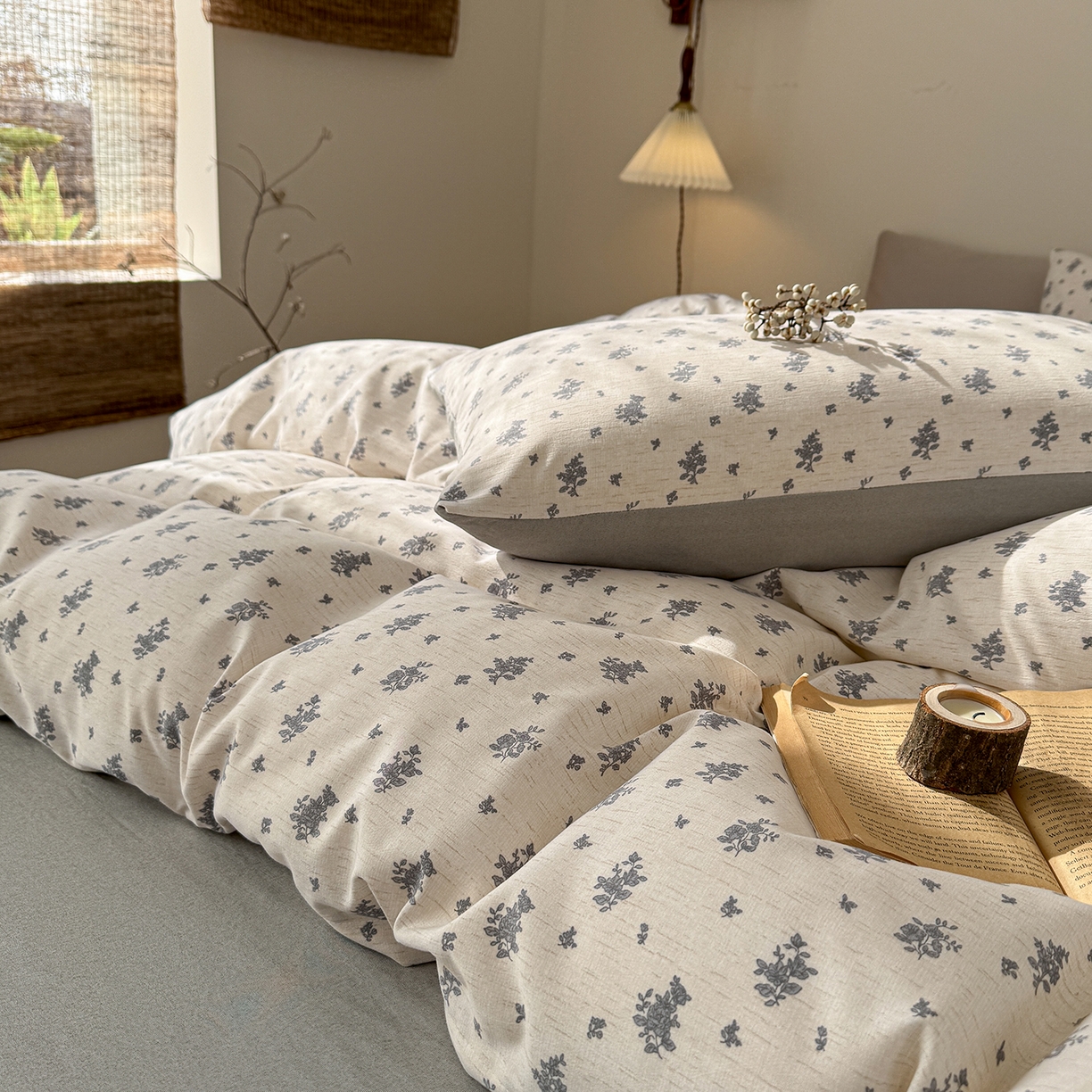 91家纺网 家纺一手货源 找家纺 铺尚美家纺 2026春夏新品色织棉麻棉纱小露麻系列皱皱纱四件套 罗卡拉灰