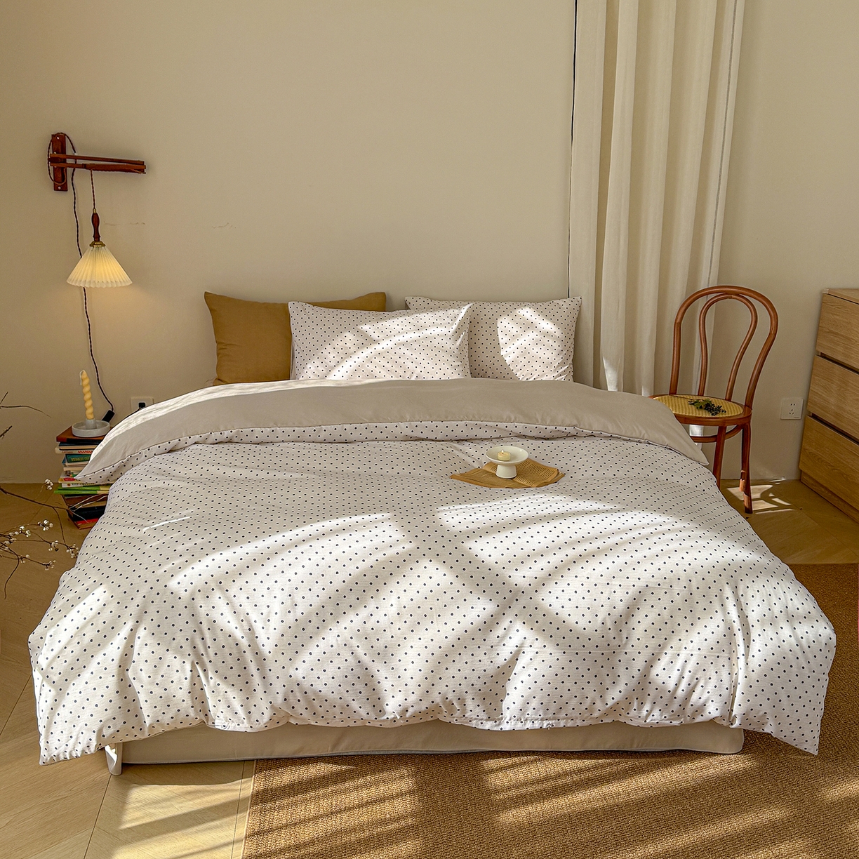 91家纺网 家纺一手货源 找家纺 铺尚美家纺 2026春夏新品色织棉麻棉纱小露麻系列皱皱纱四件套 清新波点