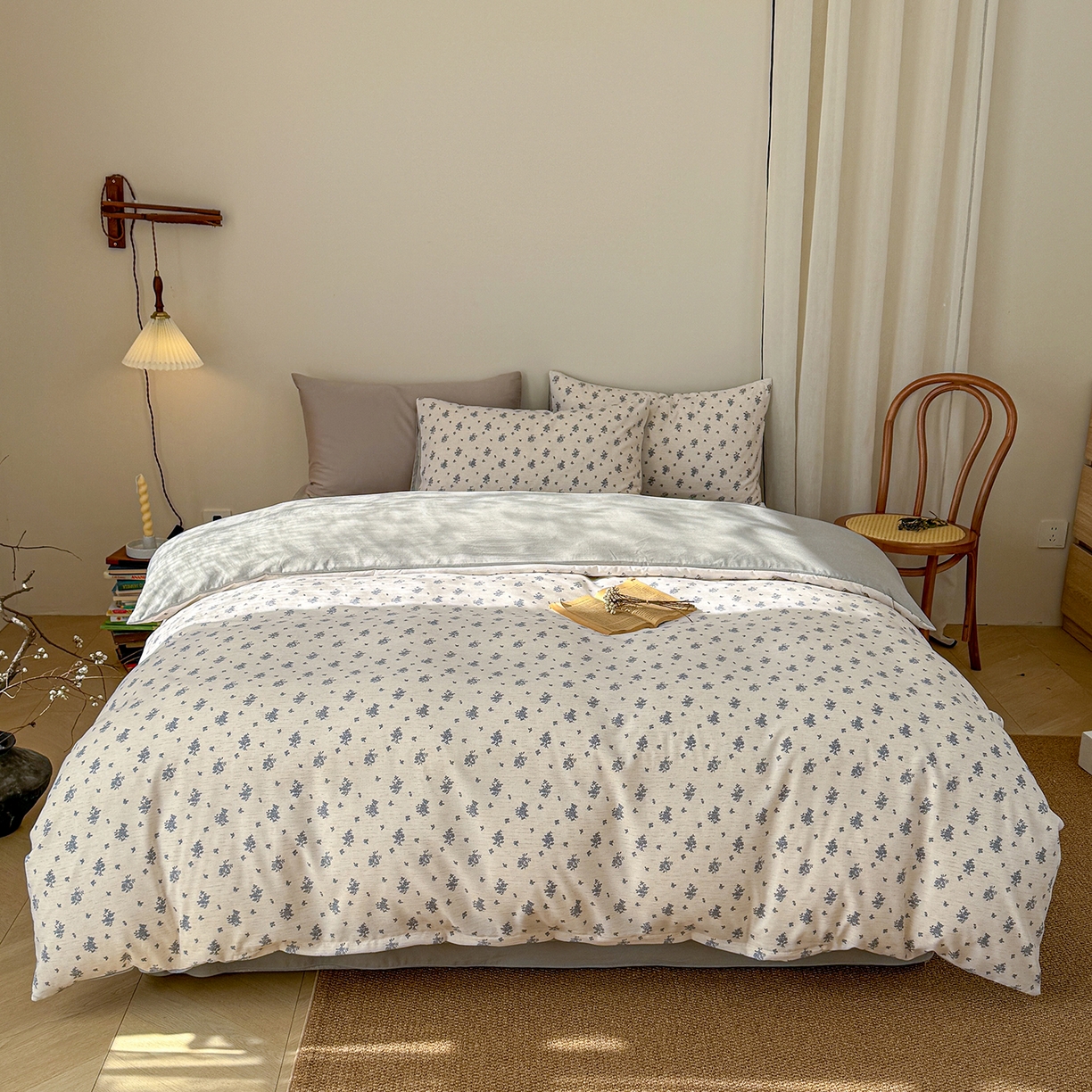 91家纺网 家纺一手货源 找家纺 铺尚美家纺 2026春夏新品色织棉麻棉纱小露麻系列皱皱纱四件套 罗卡拉灰