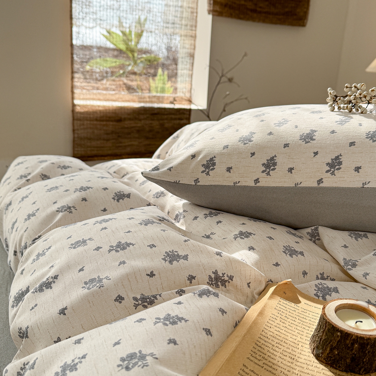 91家纺网 家纺一手货源 找家纺 铺尚美家纺 2026春夏新品色织棉麻棉纱小露麻系列皱皱纱四件套 罗卡拉灰