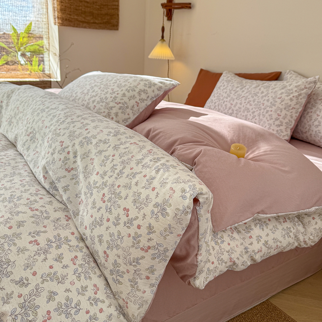 91家纺网 家纺一手货源 找家纺 铺尚美家纺 2026春夏新品色织棉麻棉纱小露麻系列皱皱纱四件套 梅果