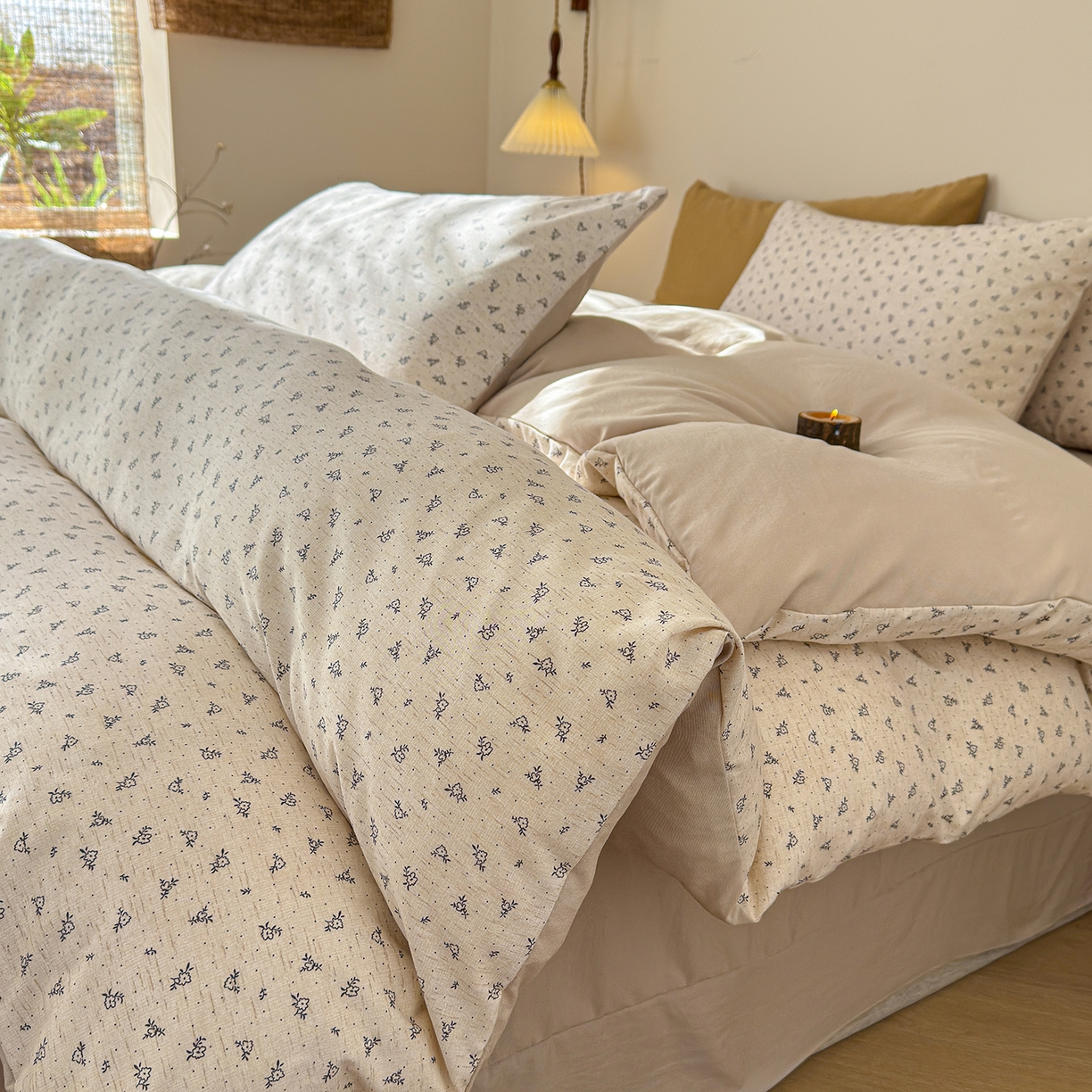 91家纺网 家纺一手货源 找家纺 铺尚美家纺 2026春夏新品色织棉麻棉纱小露麻系列皱皱纱四件套 素雅小花