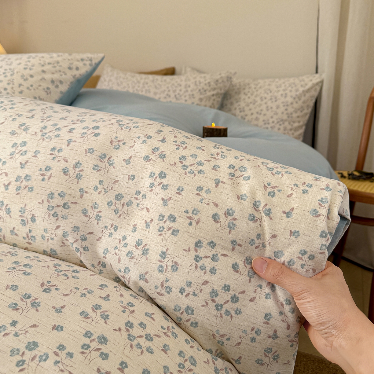 91家纺网 家纺一手货源 找家纺 铺尚美家纺 2026春夏新品色织棉麻棉纱小露麻系列皱皱纱四件套 小兰花