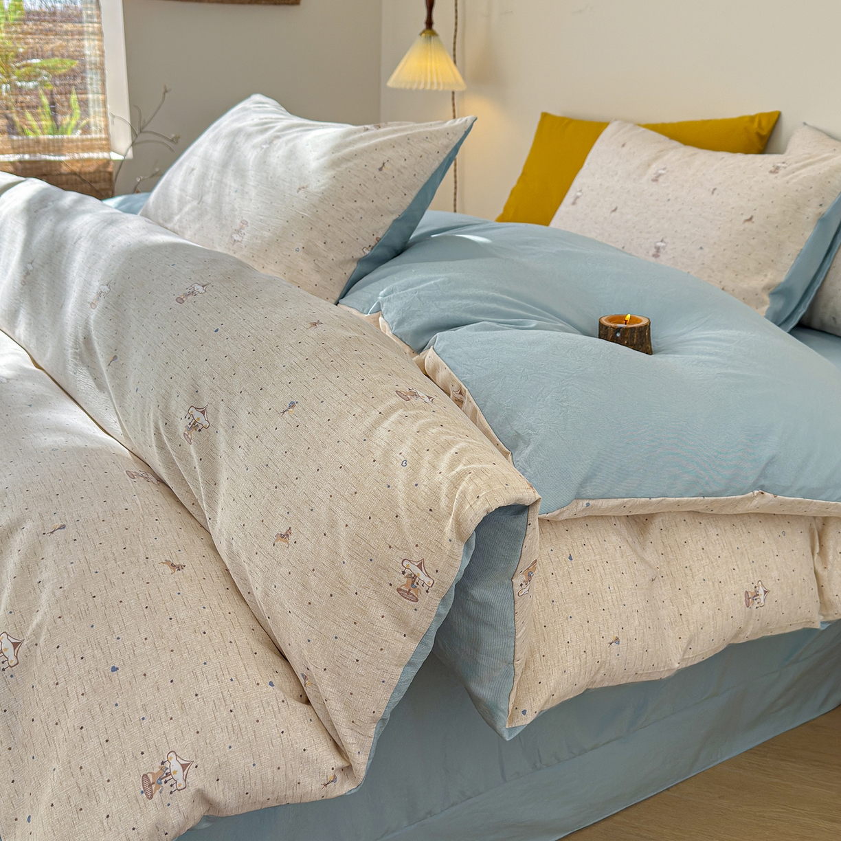 91家纺网 家纺一手货源 找家纺 铺尚美家纺 2026春夏新品色织棉麻棉纱小露麻系列皱皱纱四件套 旋转木马