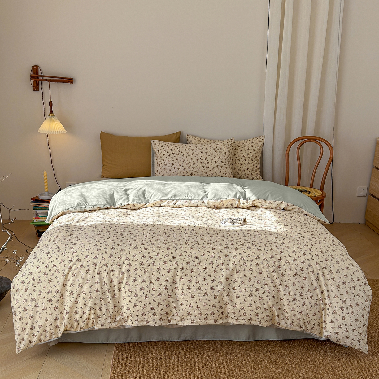 91家纺网 家纺一手货源 找家纺 铺尚美家纺 2026春夏新品色织棉麻棉纱小露麻系列皱皱纱四件套 乔安娜