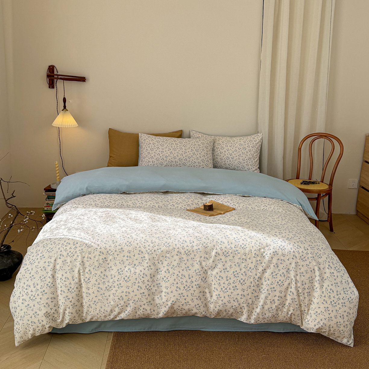 91家纺网 家纺一手货源 找家纺 铺尚美家纺 2026春夏新品色织棉麻棉纱小露麻系列皱皱纱四件套 小兰花