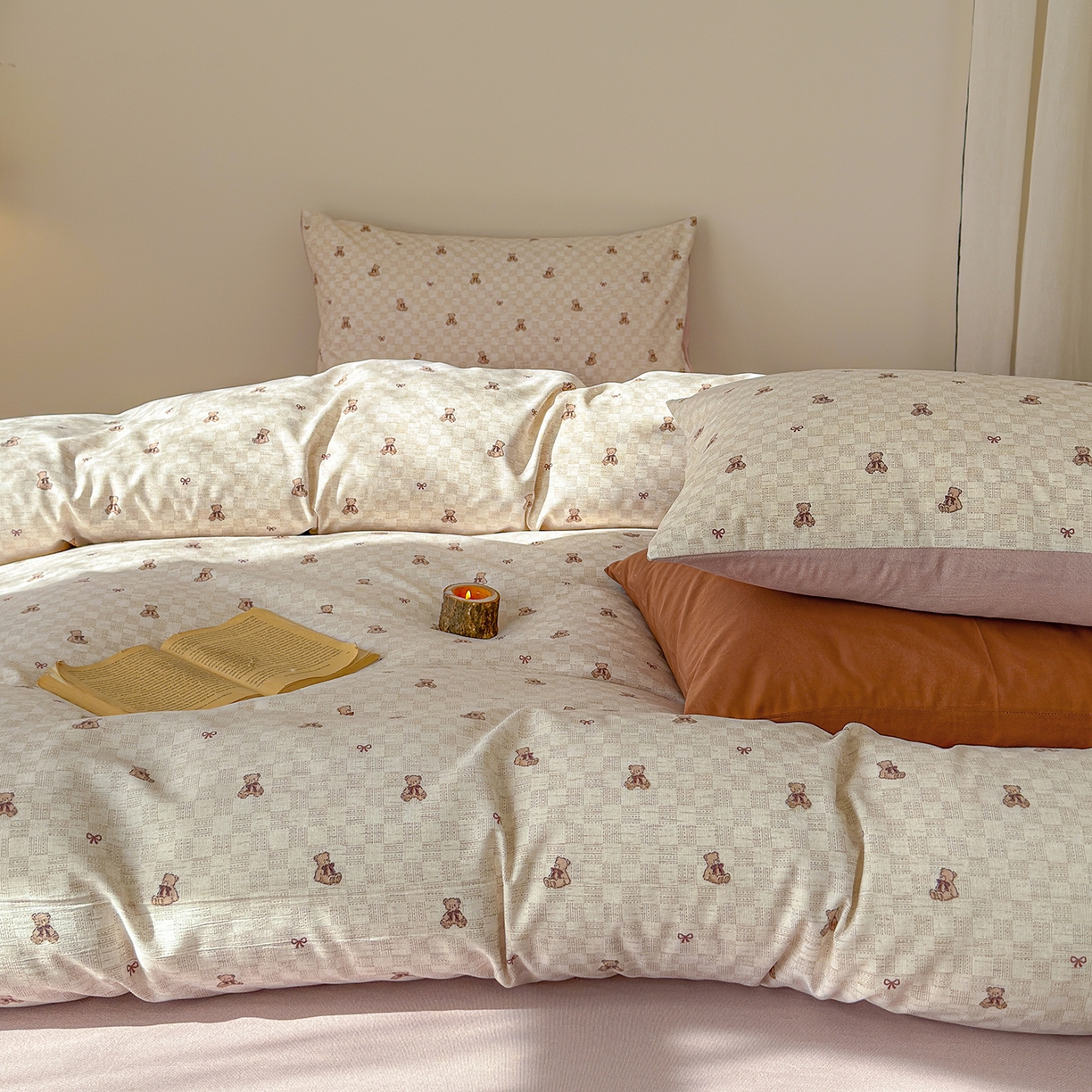 铺尚美家纺 2026春夏新品色织棉麻棉纱小露麻系列皱皱纱四件套 棋盘格小熊