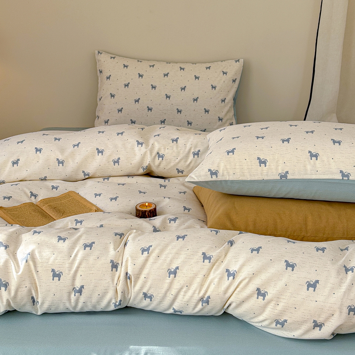 铺尚美家纺 2026春夏新品色织棉麻棉纱小露麻系列皱皱纱四件套 小飞马蓝