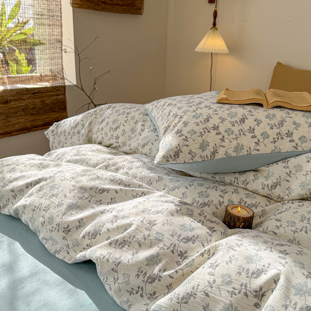 91家纺网 家纺一手货源 找家纺 铺尚美家纺 2026春夏新品色织棉麻棉纱小露麻系列皱皱纱四件套 洛可花影