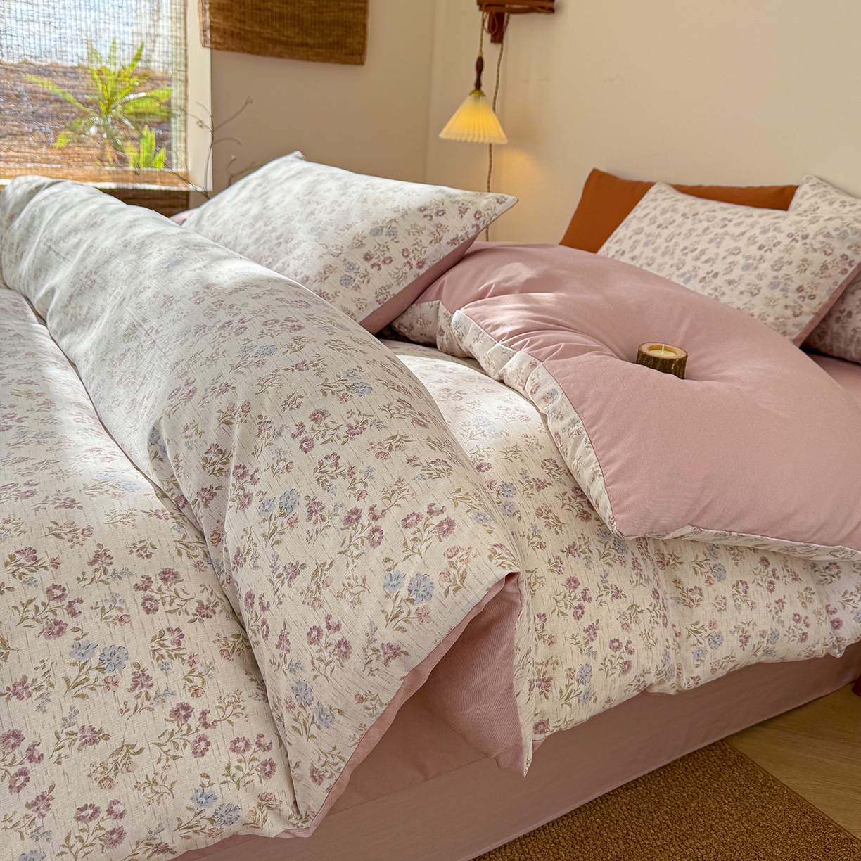 91家纺网 家纺一手货源 找家纺 铺尚美家纺 2026春夏新品色织棉麻棉纱小露麻系列皱皱纱四件套 春风里