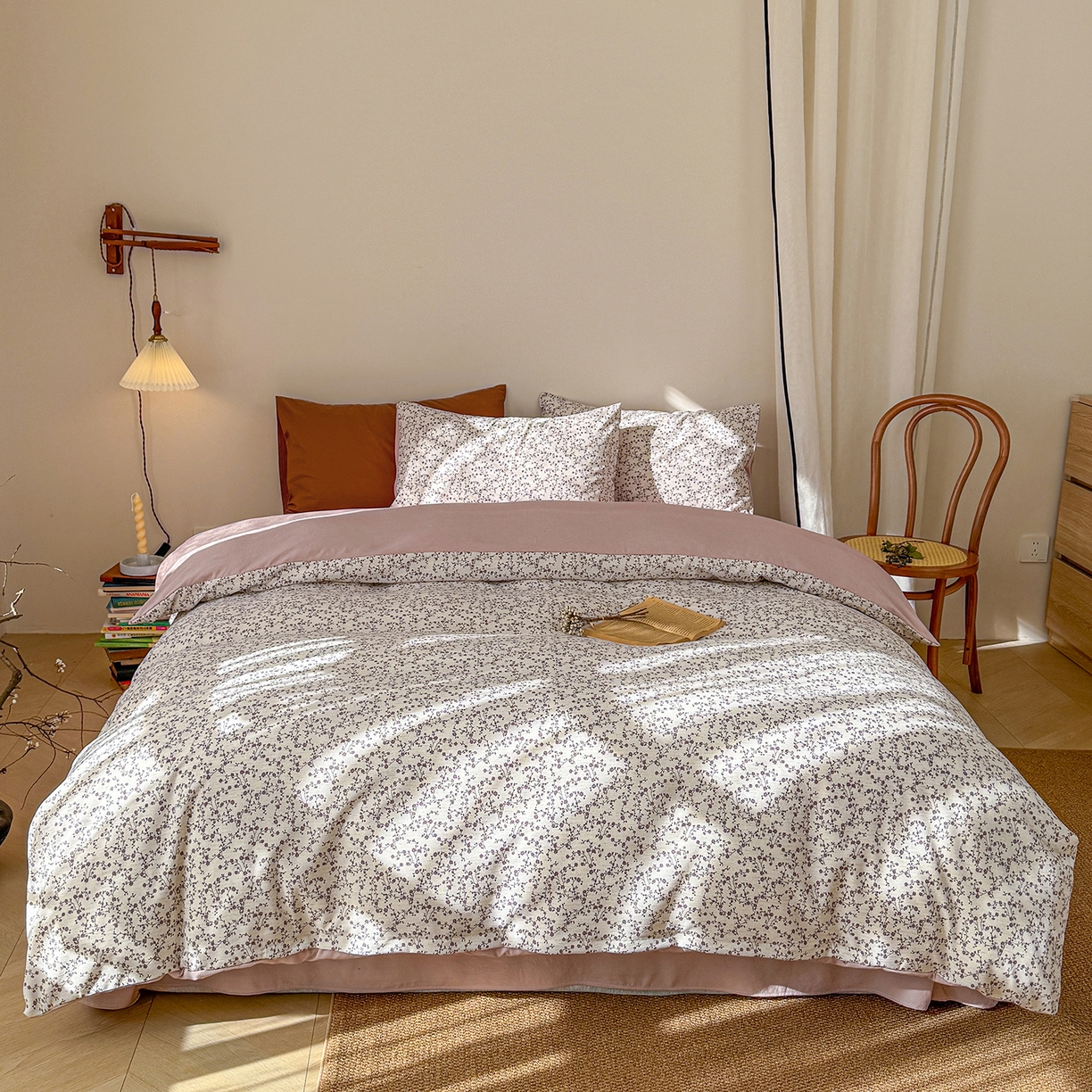 91家纺网 家纺一手货源 找家纺 铺尚美家纺 2026春夏新品色织棉麻棉纱小露麻系列皱皱纱四件套 复古小花