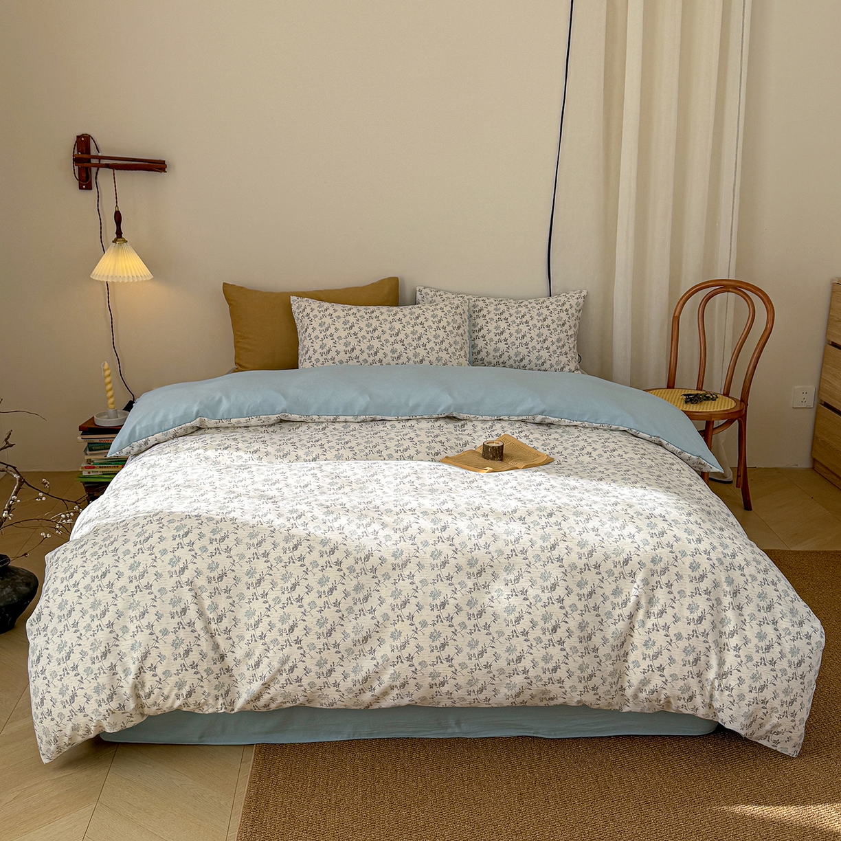 91家纺网 家纺一手货源 找家纺 铺尚美家纺 2026春夏新品色织棉麻棉纱小露麻系列皱皱纱四件套 洛可花影