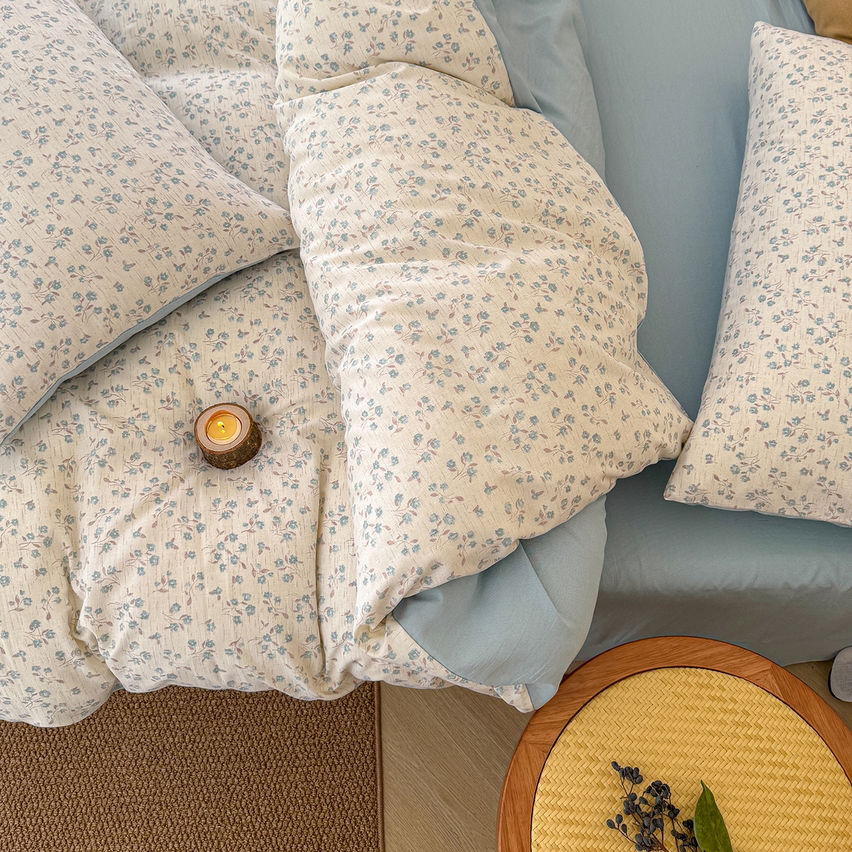 91家纺网 家纺一手货源 找家纺 铺尚美家纺 2026春夏新品色织棉麻棉纱小露麻系列皱皱纱四件套 小兰花