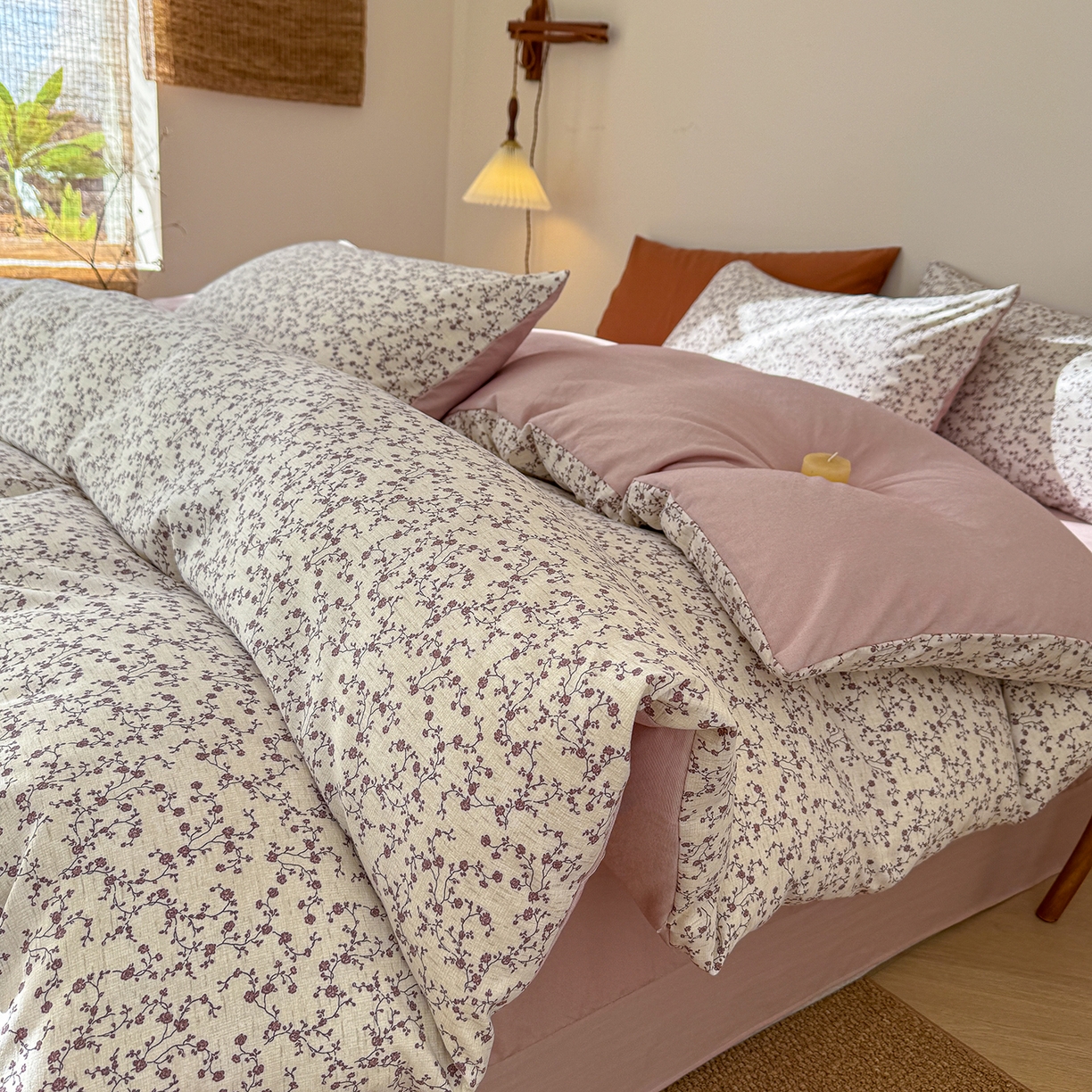 91家纺网 家纺一手货源 找家纺 铺尚美家纺 2026春夏新品色织棉麻棉纱小露麻系列皱皱纱四件套 复古小花