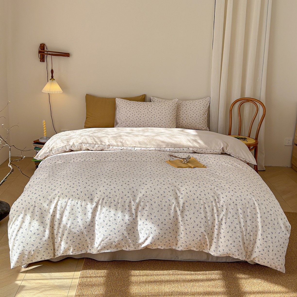 91家纺网 家纺一手货源 找家纺 铺尚美家纺 2026春夏新品色织棉麻棉纱小露麻系列皱皱纱四件套 素雅小花