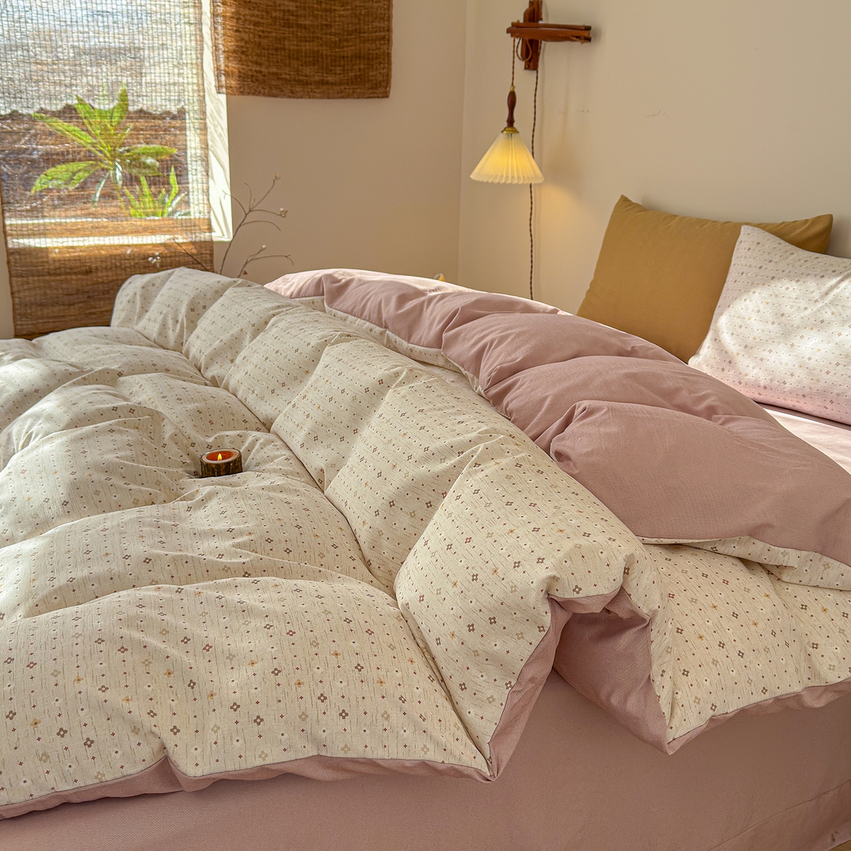 91家纺网 家纺一手货源 找家纺 铺尚美家纺 2026春夏新品色织棉麻棉纱小露麻系列皱皱纱四件套 时光点点