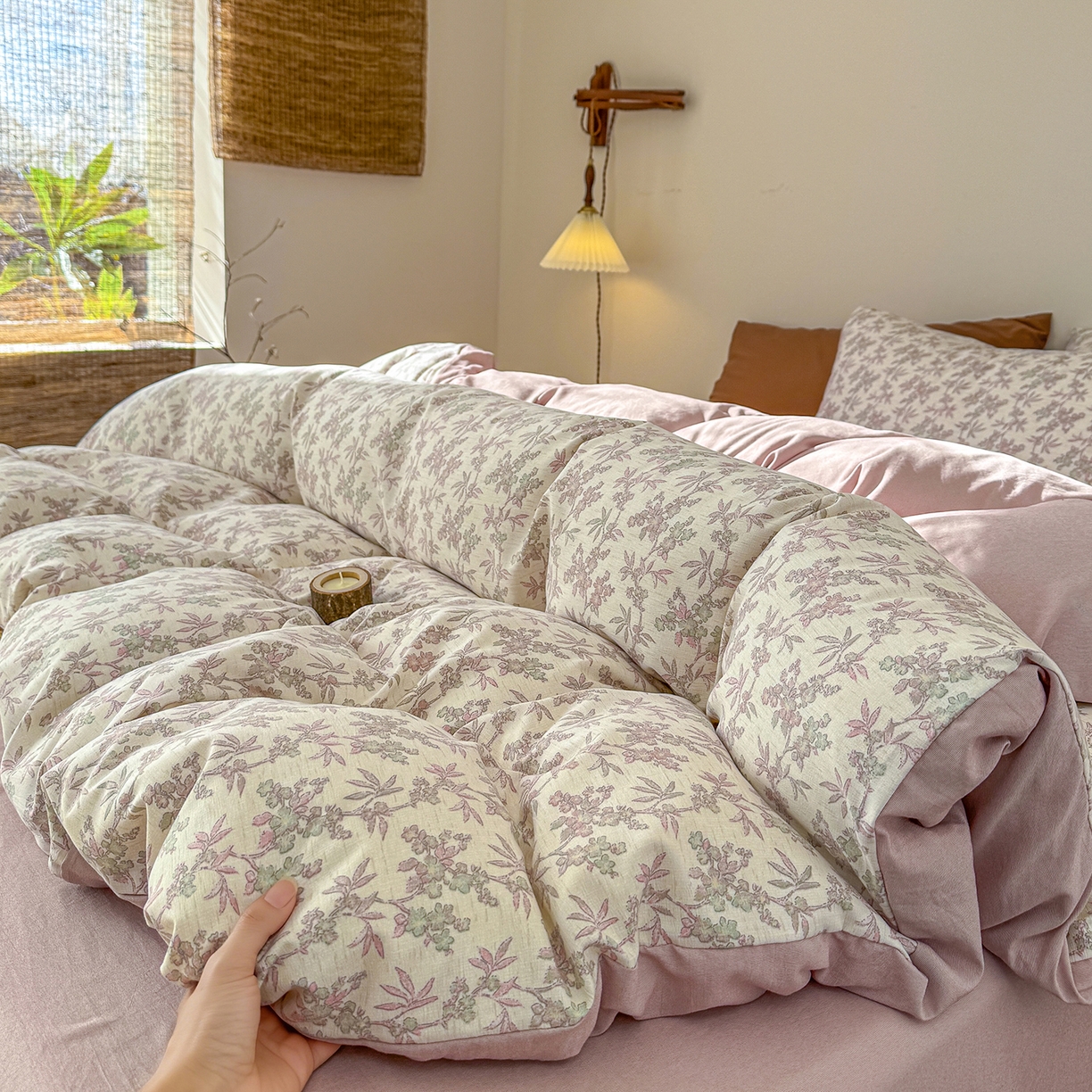 91家纺网 家纺一手货源 找家纺 铺尚美家纺 2026春夏新品色织棉麻棉纱小露麻系列皱皱纱四件套 扶摇花