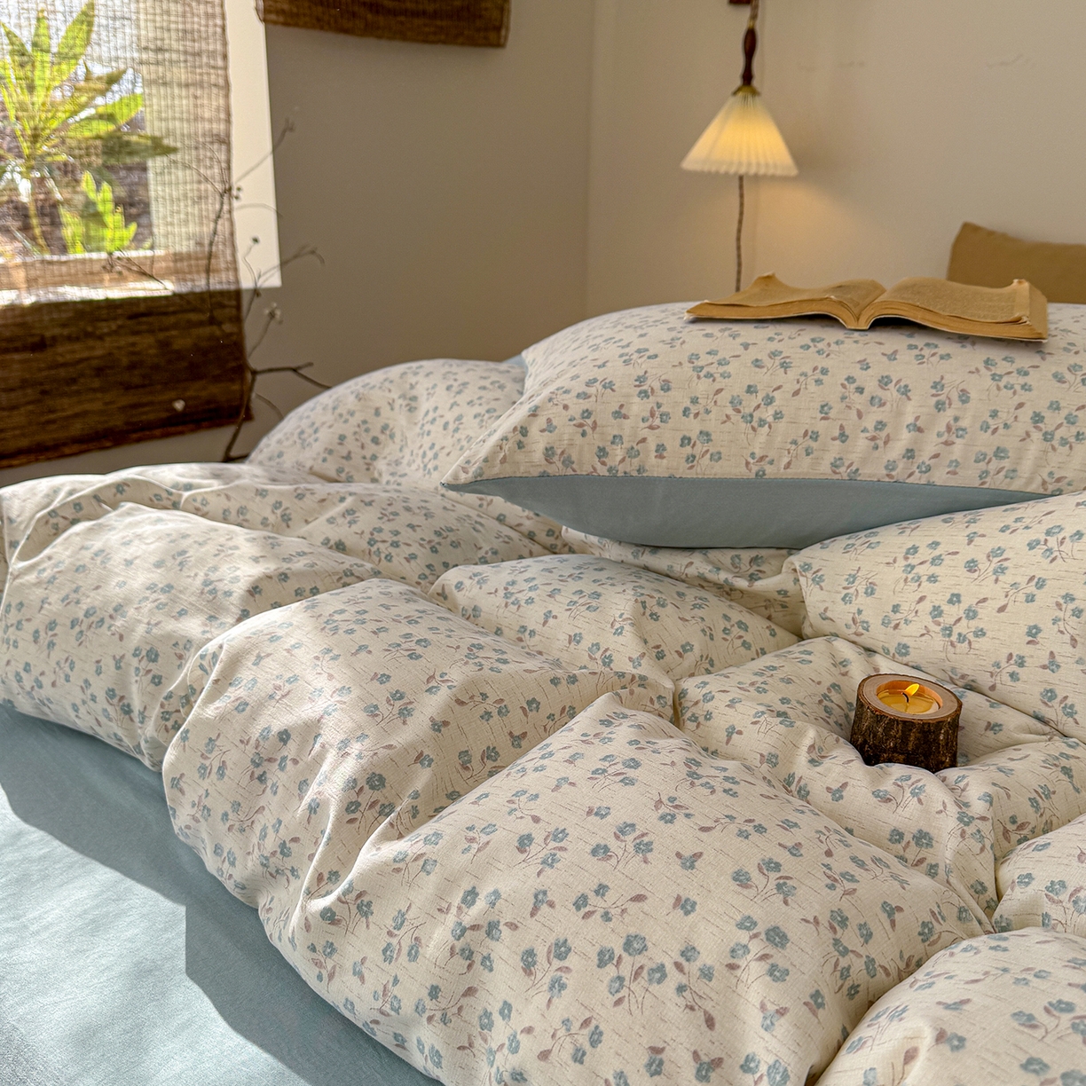 91家纺网 家纺一手货源 找家纺 铺尚美家纺 2026春夏新品色织棉麻棉纱小露麻系列皱皱纱四件套 小兰花