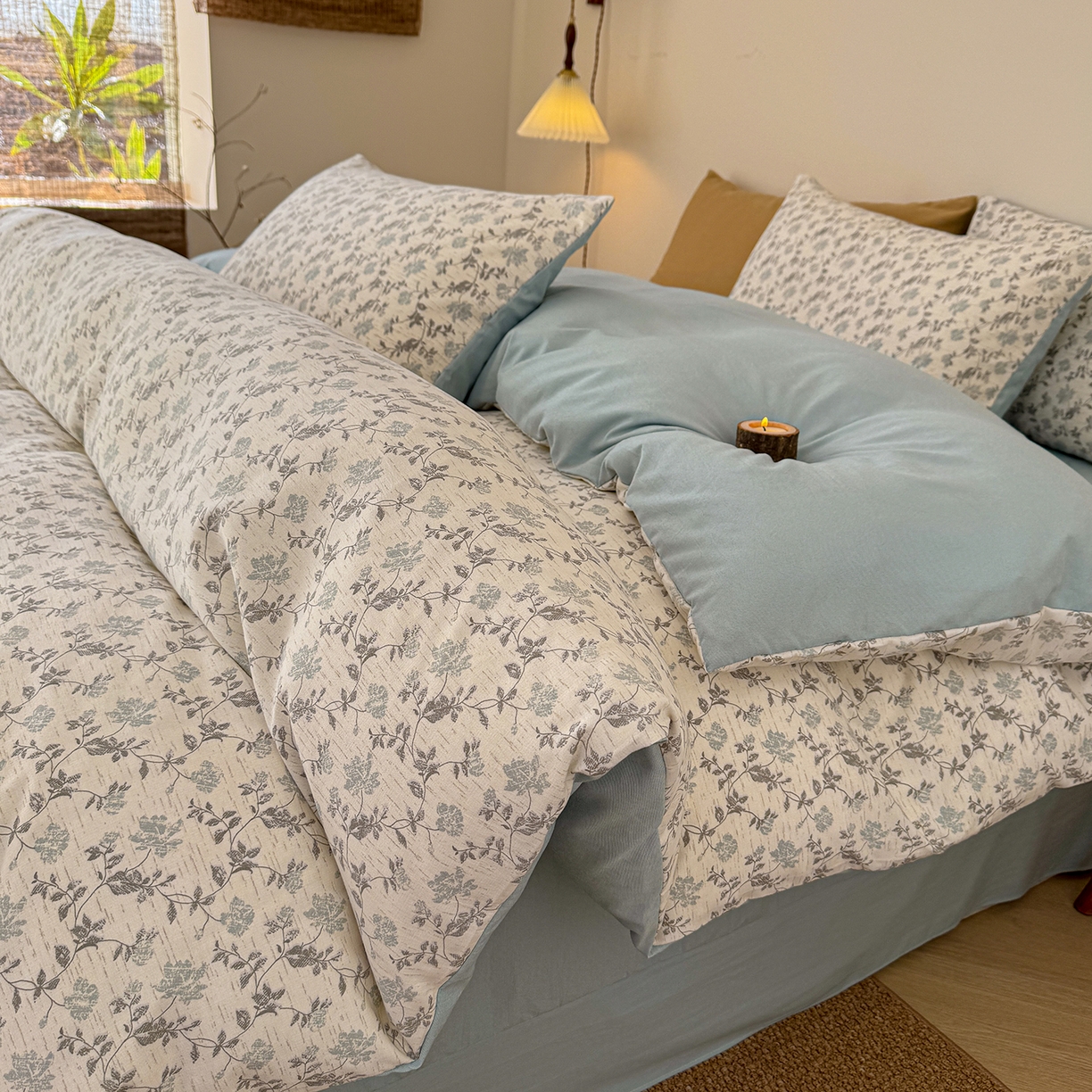 91家纺网 家纺一手货源 找家纺 铺尚美家纺 2026春夏新品色织棉麻棉纱小露麻系列皱皱纱四件套 洛可花影