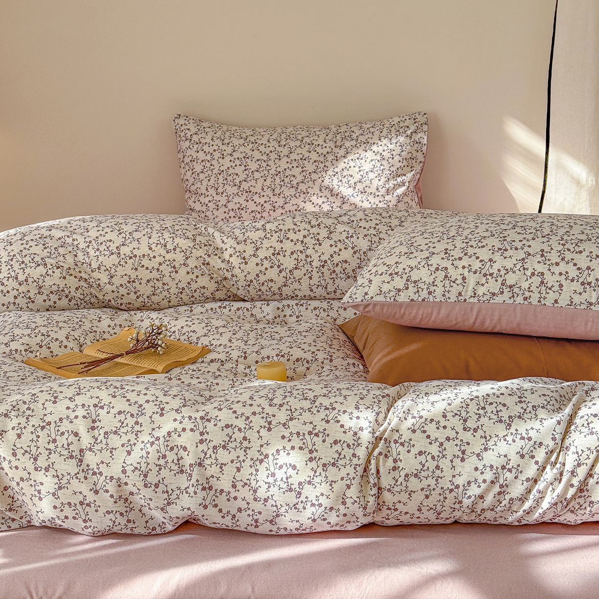 铺尚美家纺 2026春夏新品色织棉麻棉纱小露麻系列皱皱纱四件套 复古小花