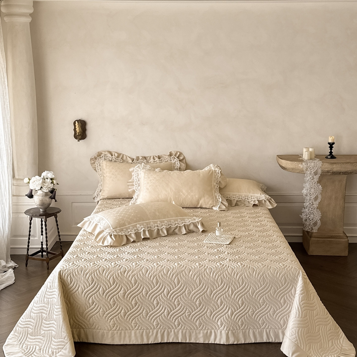 91家纺网 家纺一手货源 找家纺 首尔家纺 2026新款花边夹棉床盖四件套厚织提花款系列-提供买家秀 浮生若梦-香槟