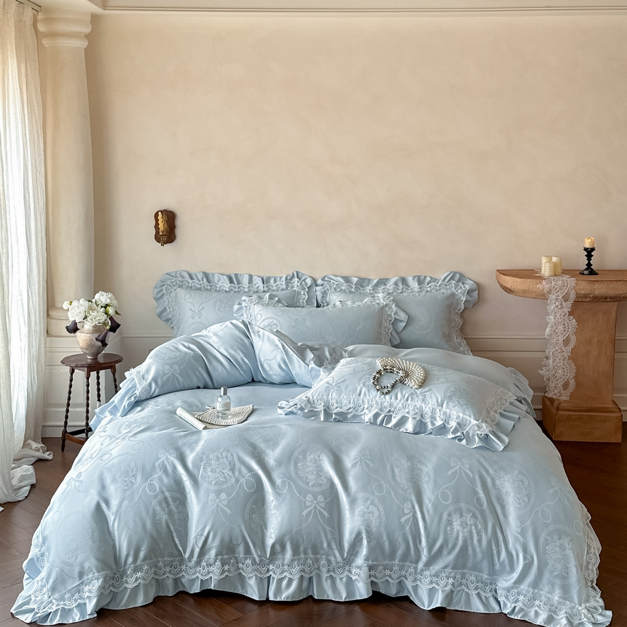 91家纺网 家纺一手货源 找家纺 首尔家纺 2026新款花边夹棉床盖四件套厚织提花款系列-提供买家秀 秘境-天蓝