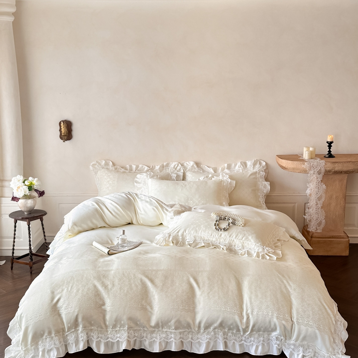 91家纺网 家纺一手货源 找家纺 首尔家纺 2026新款花边夹棉床盖四件套厚织提花款系列-提供买家秀 浮生若梦-米白