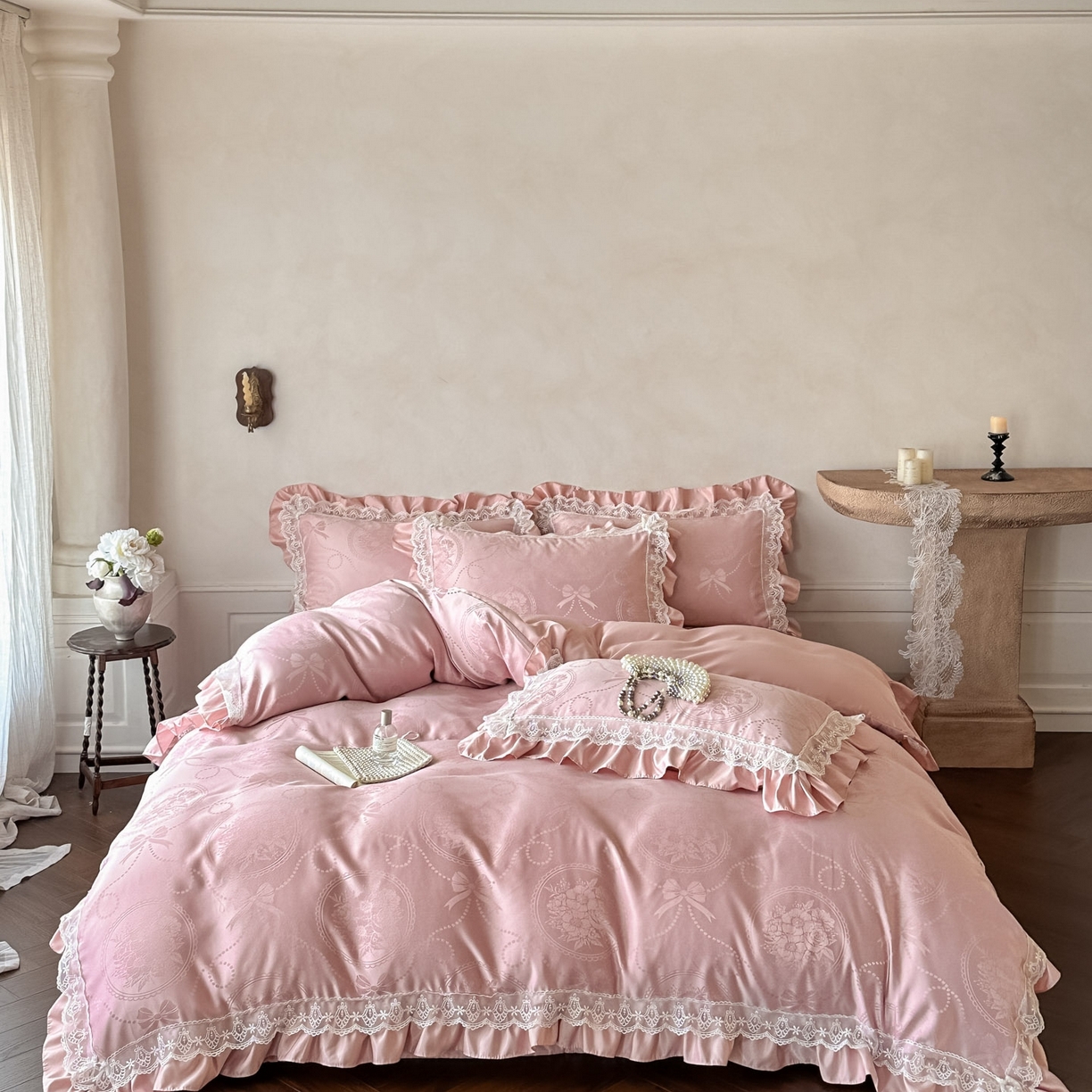 91家纺网 家纺一手货源 找家纺 首尔家纺 2026新款花边夹棉床盖四件套厚织提花款系列-提供买家秀 秘境-粉豆沙