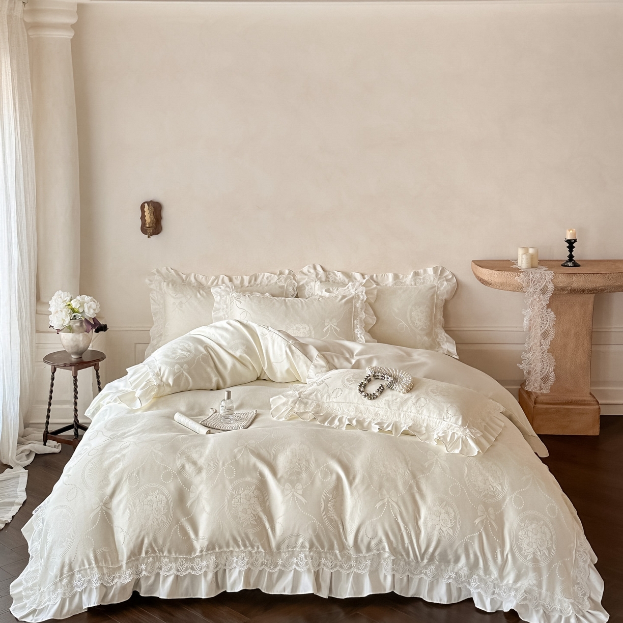 91家纺网 家纺一手货源 找家纺 首尔家纺 2026新款花边夹棉床盖四件套厚织提花款系列-提供买家秀 秘境-米白
