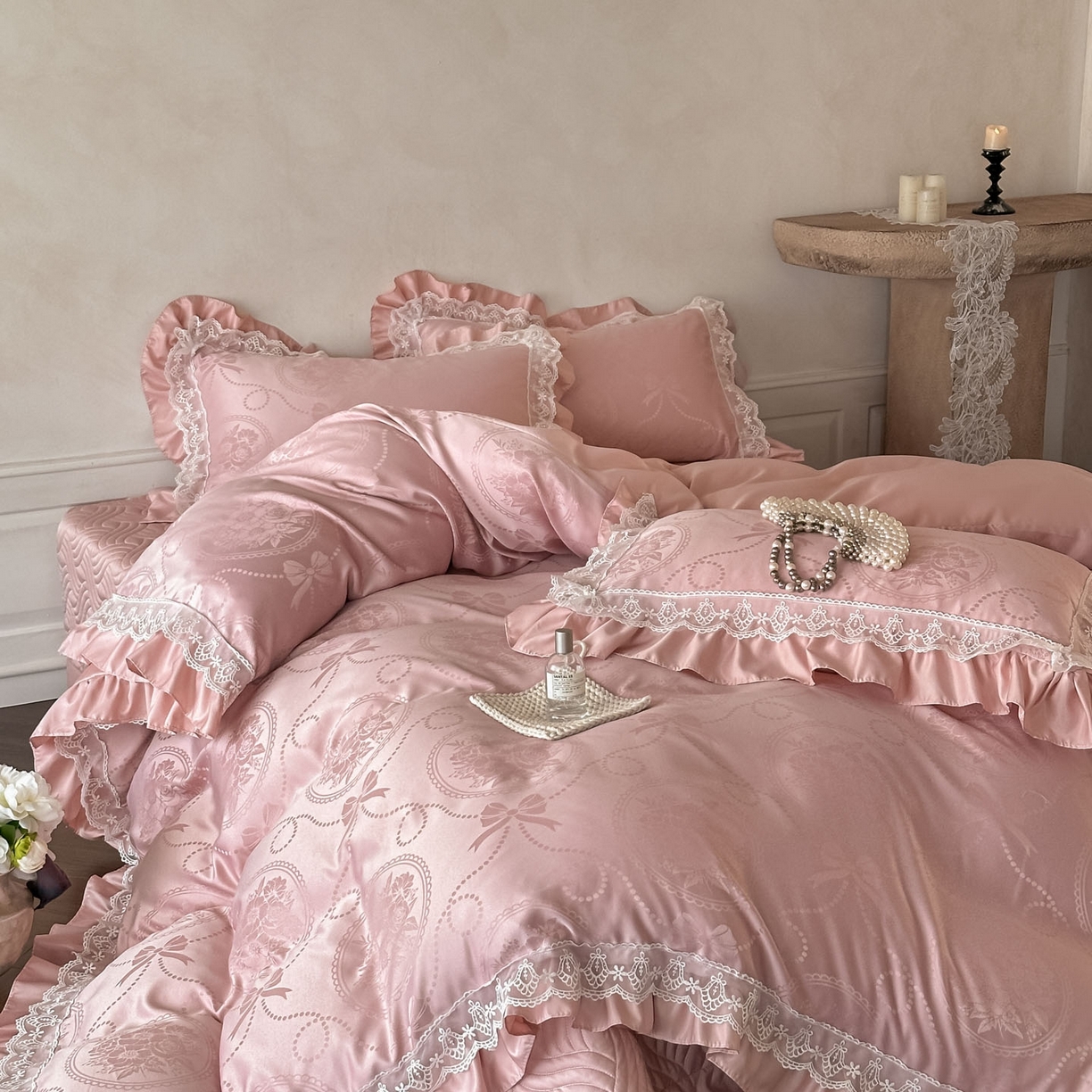 91家纺网 家纺一手货源 找家纺 （总）首尔家纺 2026新款花边夹棉床盖四件套厚织提花款系列-提供买家秀