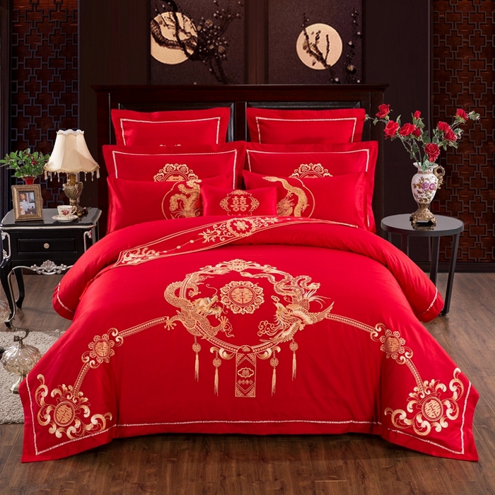 91家纺网 家纺一手货源 找家纺 （总）慕她家纺 慕她畅销款全棉纯棉婚庆四件套大红色刺绣结婚床上用品