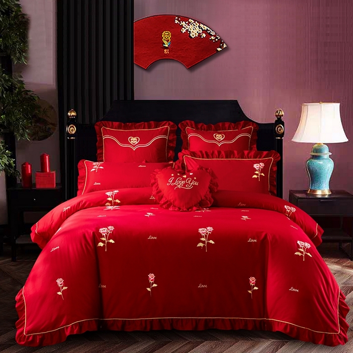 91家纺网 家纺一手货源 找家纺 （总）慕她家纺 慕她畅销款全棉纯棉婚庆四件套大红色刺绣结婚床上用品